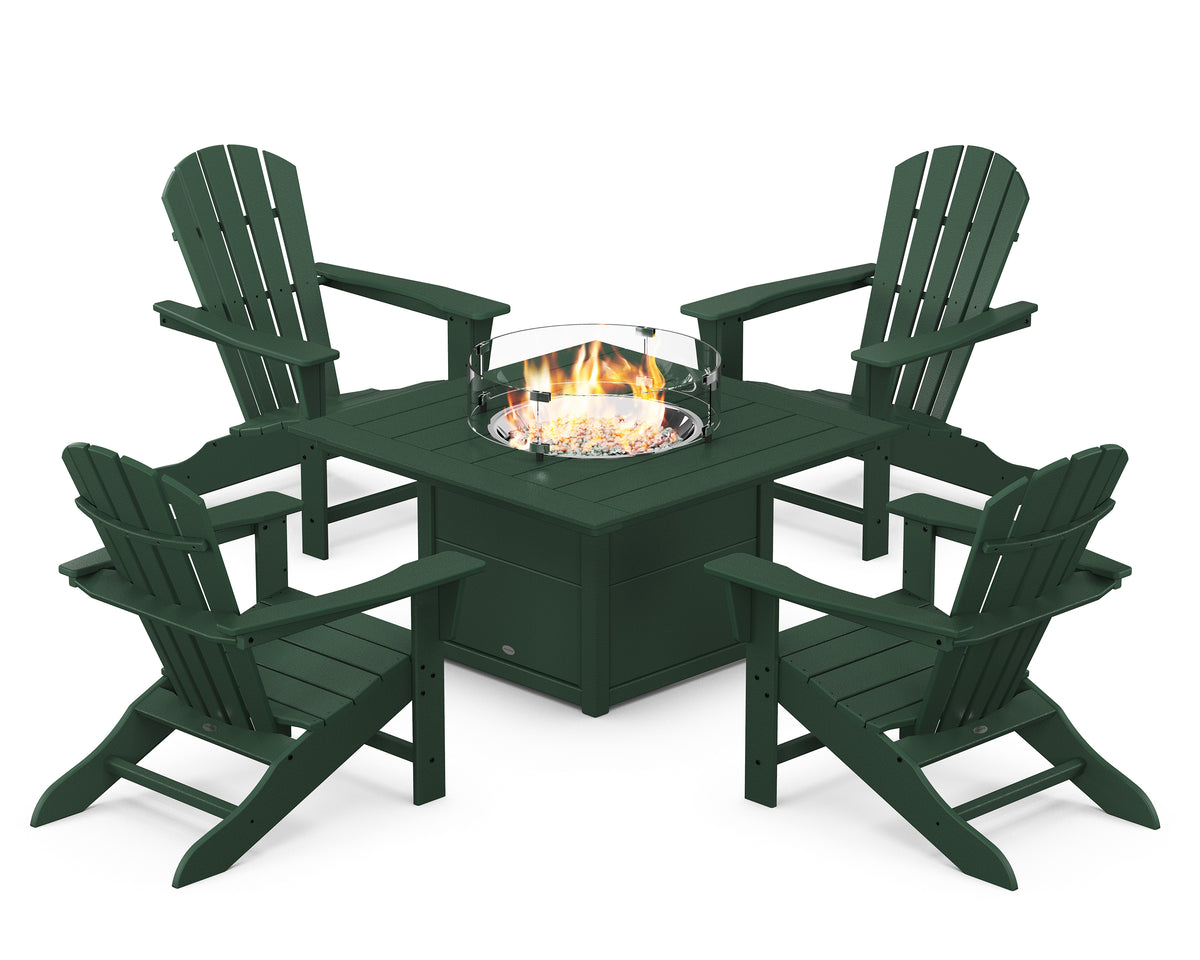 POLYWOOD Palm Coast 5-Piece Adirondack Chair Conversation Set with Fire Pit Table in Green
