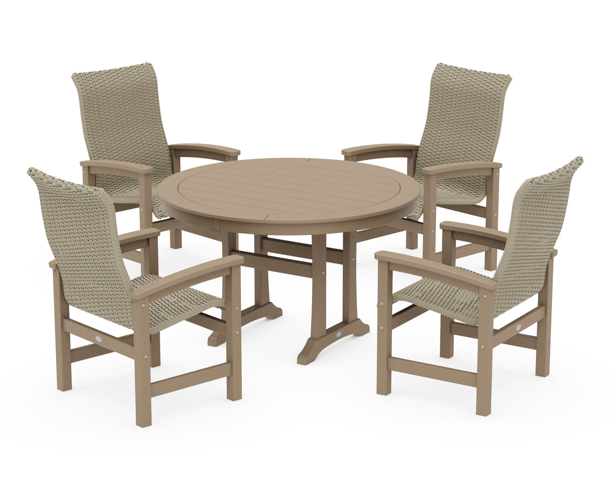 POLYWOOD Coastal Woven High-Back 5-Piece Round Dining Set with Trestle Legs in Vintage Sahara / Dune Grass