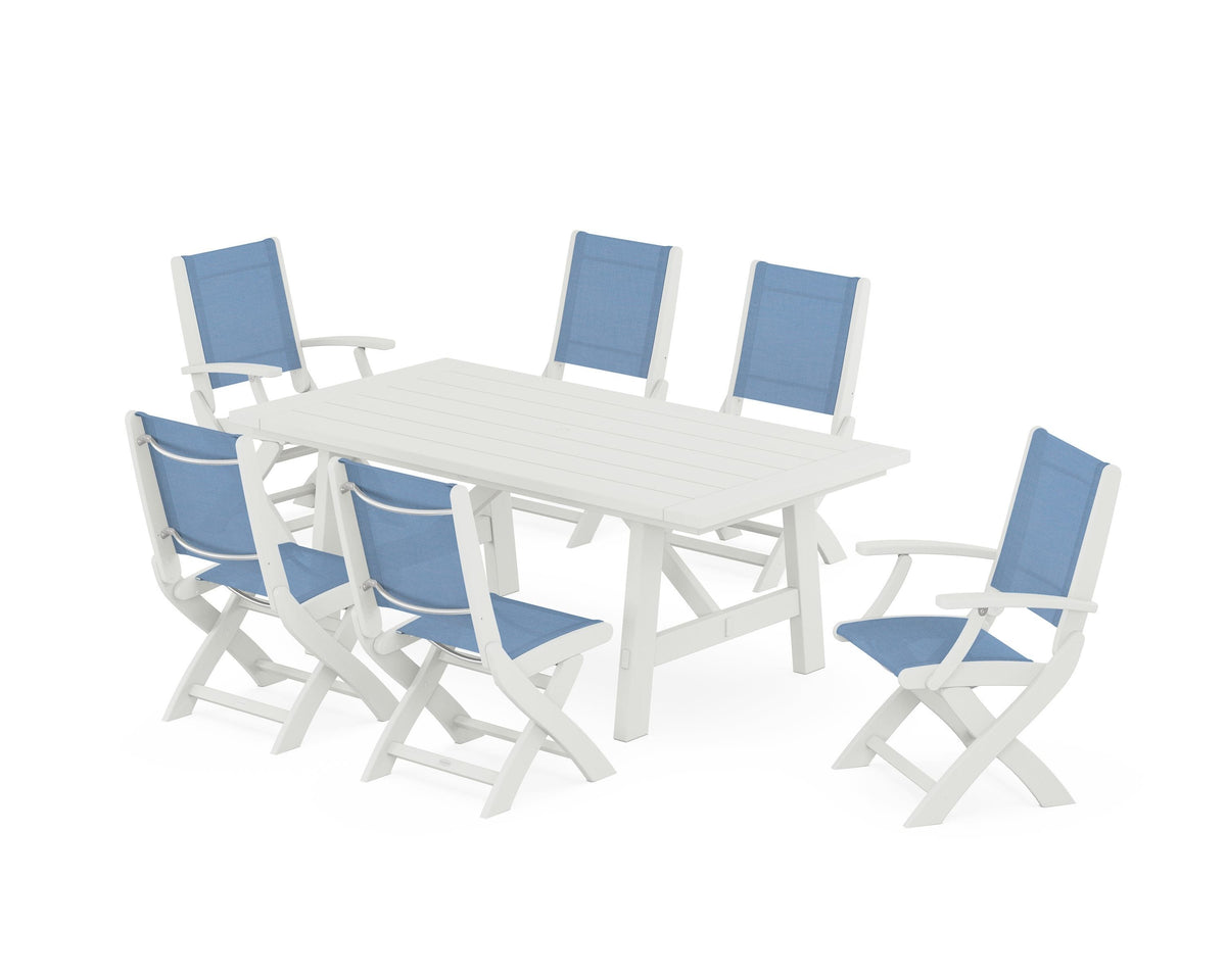 POLYWOOD Coastal Folding Chair 7-Piece Rustic Farmhouse Dining Set in Vintage White / Poolside