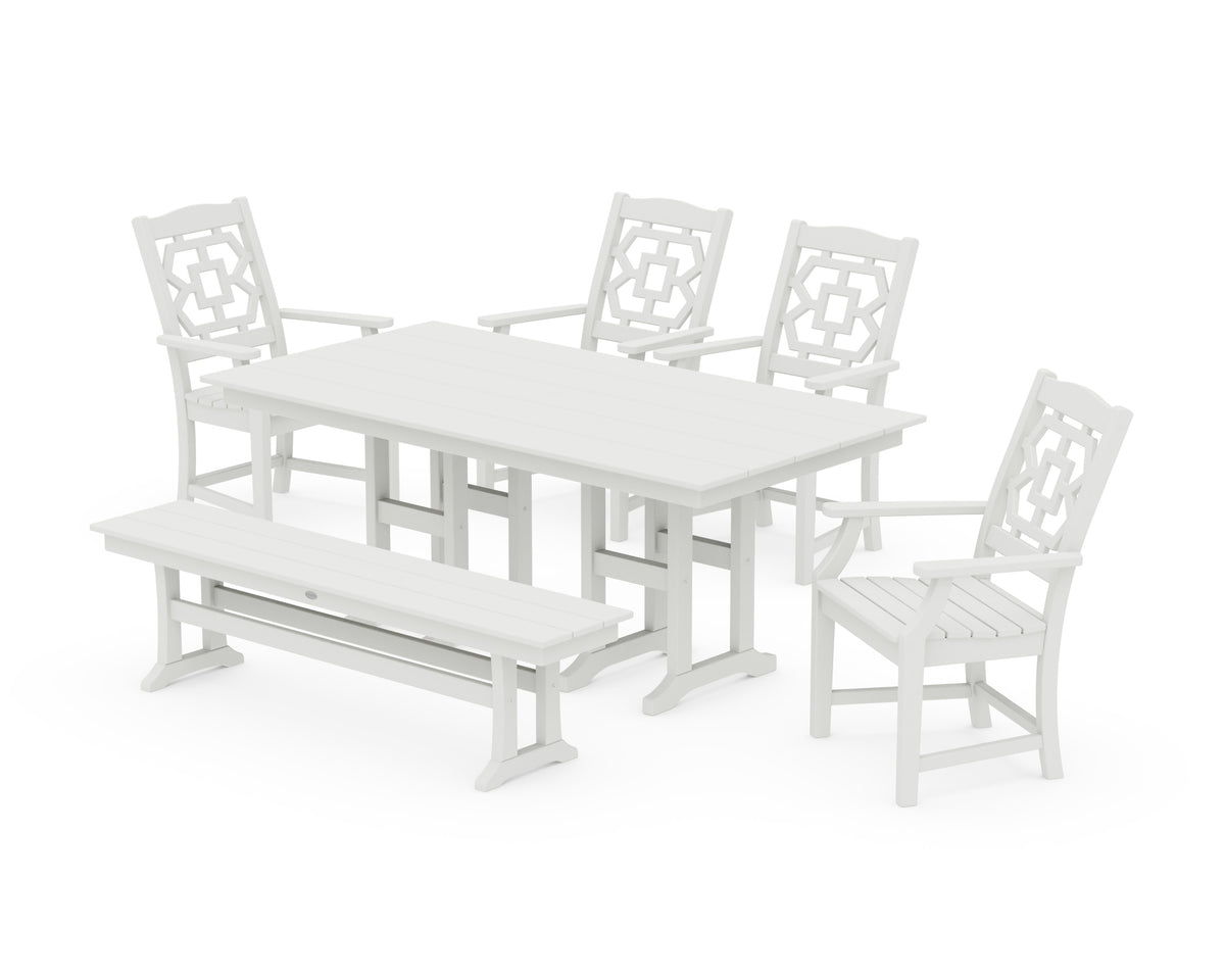 POLYWOOD Chinoiserie 6-Piece Farmhouse Dining Set with Bench in Vintage White