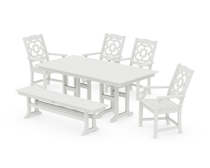 POLYWOOD Chinoiserie 6-Piece Farmhouse Dining Set with Bench in Vintage White
