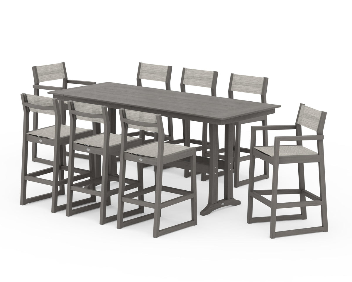 POLYWOOD EDGE Sling 9-Piece Farmhouse Bar Set with Trestle Legs in Driftwood / Birch