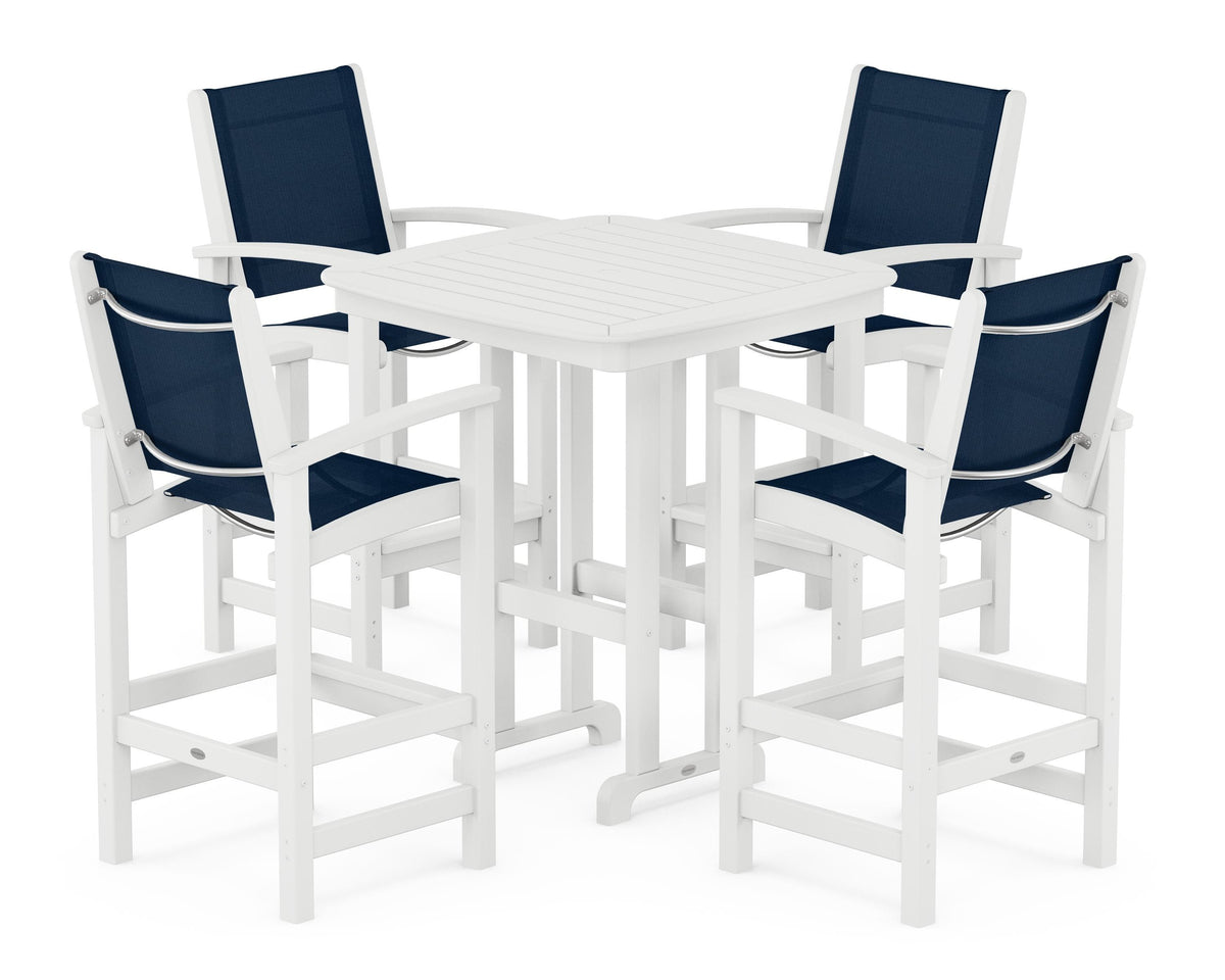 POLYWOOD Coastal 5-Piece Bar Set in White / Navy Blue