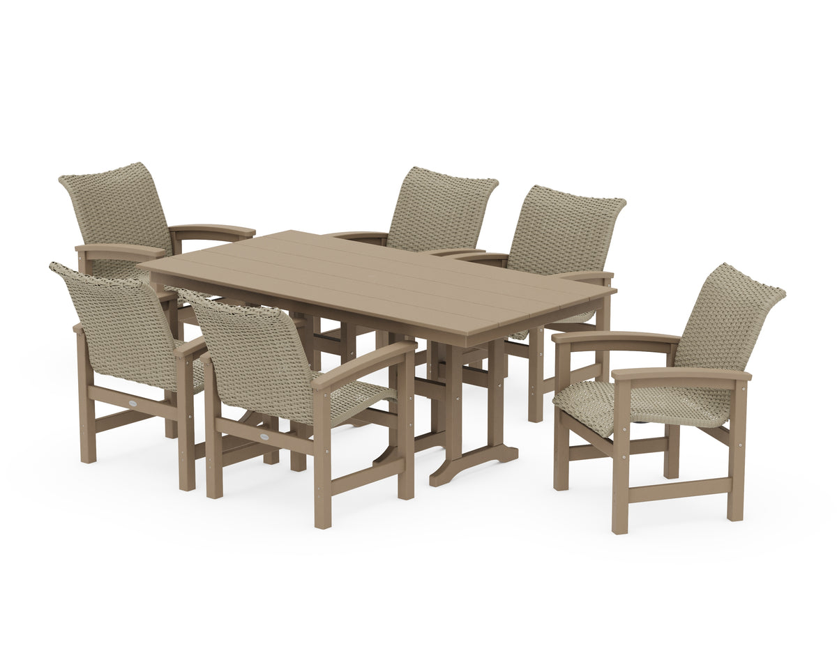 POLYWOOD Coastal Woven Arm Chair 7-Piece Farmhouse Dining Set in Vintage Sahara / Dune Grass