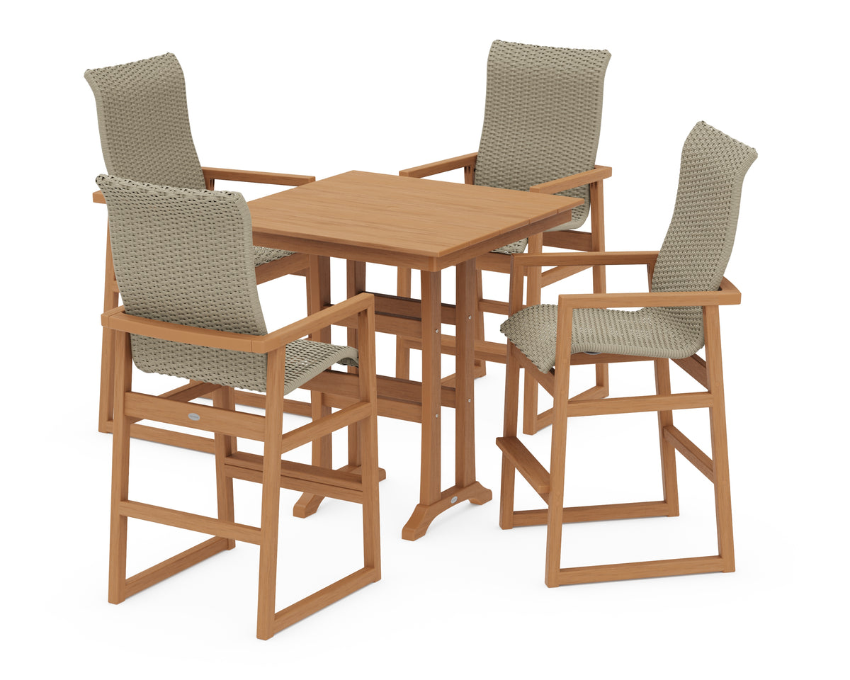 POLYWOOD EDGE Woven Highback 5-Piece Farmhouse Bar Set with Trestle Legs in Natural / Dune Grass