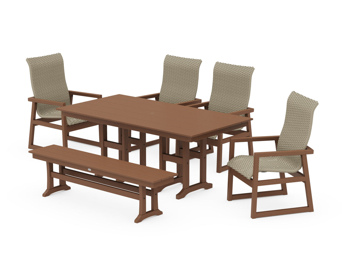 POLYWOOD EDGE Woven High-Back 6-Piece Farmhouse Dining Set with Bench in Teak / Dune Grass