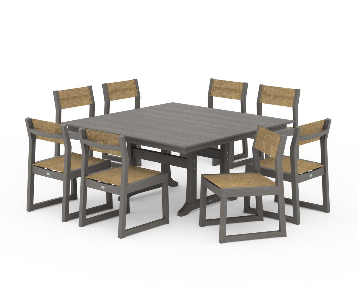 POLYWOOD EDGE Sling Side Chair 9-Piece Farmhouse Trestle Dining Set in Driftwood / Burlap
