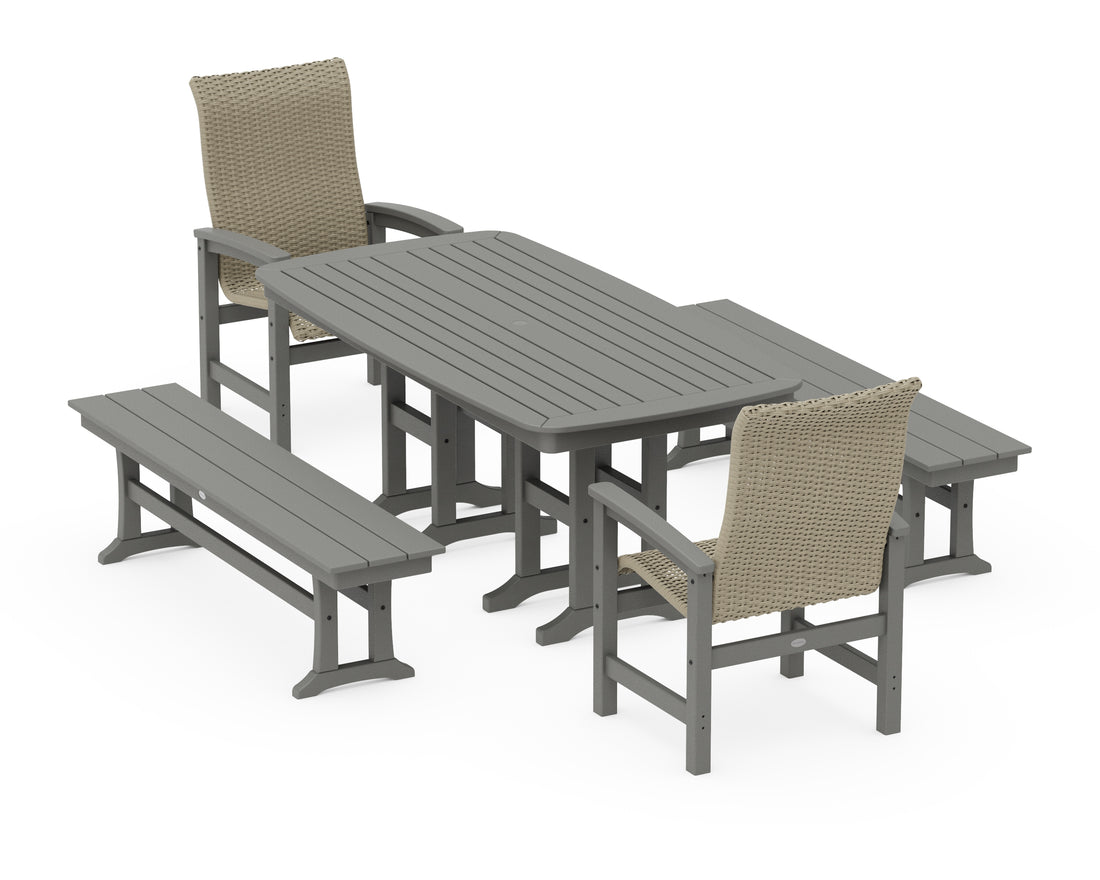 POLYWOOD Coastal Woven High-Back 5-Piece Dining Set with Benches in Slate Grey / Dune Grass