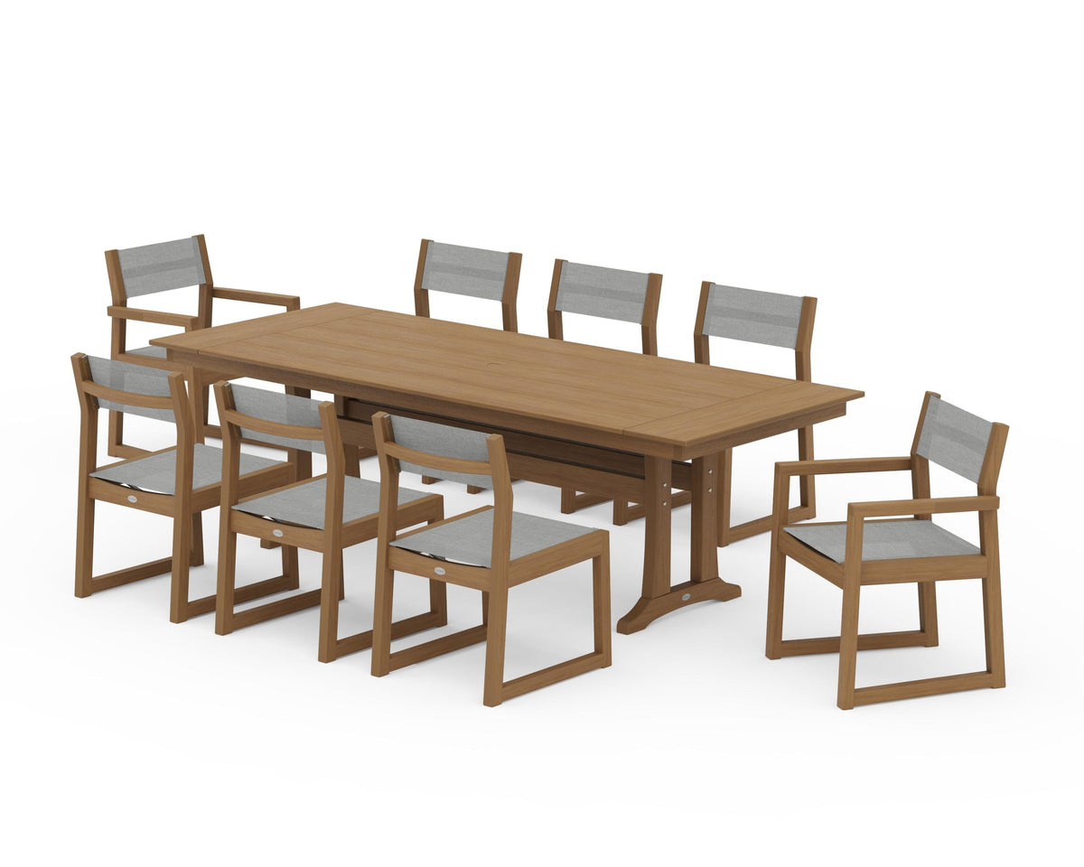POLYWOOD EDGE Sling 9-Piece Farmhouse Trestle Dining Set in Natural / Metallic