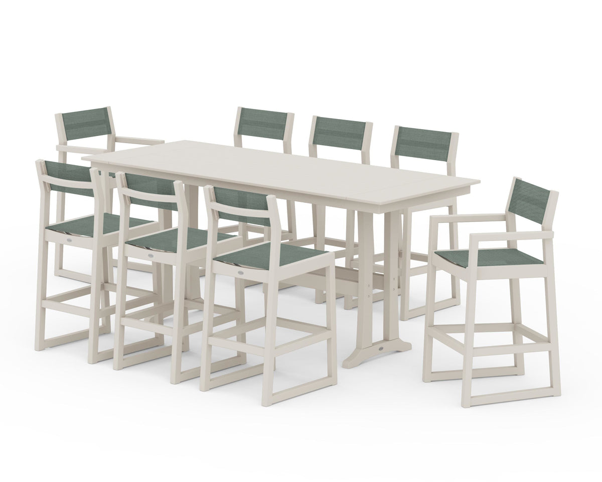 POLYWOOD EDGE Sling 9-Piece Farmhouse Bar Set with Trestle Legs in Sand / Dupioni Sea Mist