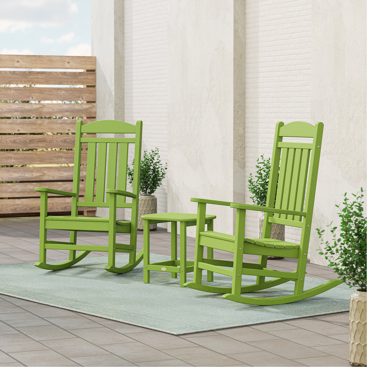 POLYWOOD Presidential 3-Piece Rocking Chair Set with 18" South Beach Side Table in Lime styled outdoors