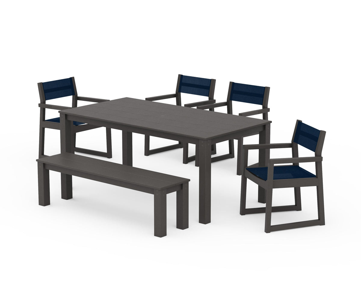 POLYWOOD EDGE Sling Arm Chair 6-Piece Parsons Dining Set with Bench in Vintage Coffee / Navy Blue
