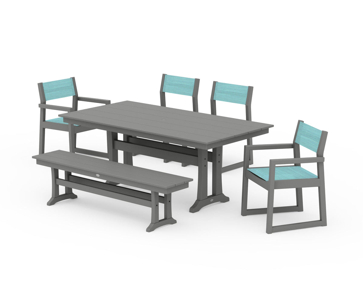 POLYWOOD EDGE Sling 6-Piece Farmhouse Dining Set With Trestle Legs in Slate Grey / Dupioni Aquamarine