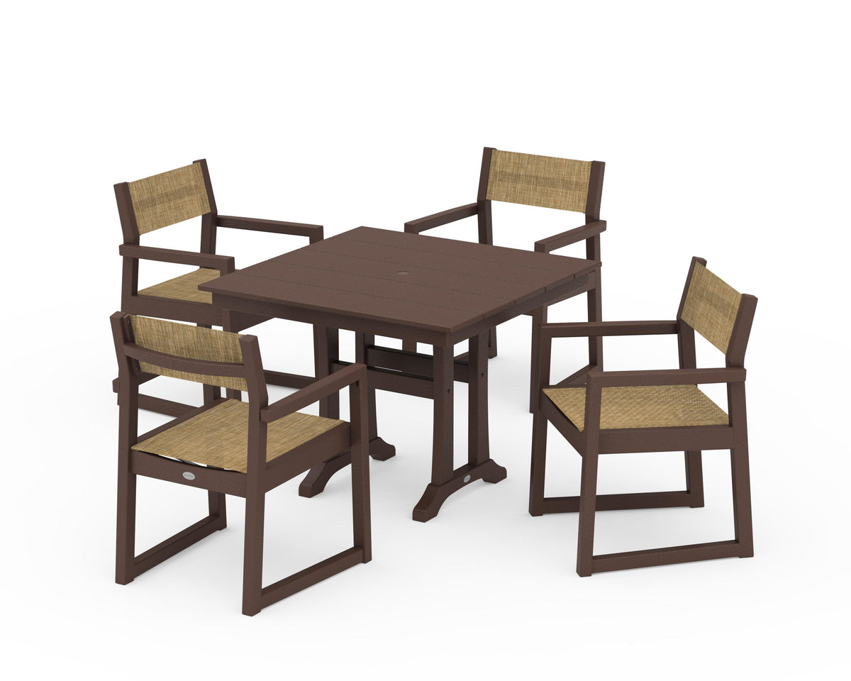 POLYWOOD EDGE Sling 5-Piece Farmhouse Dining Set with Trestle Legs in Mahogany / Burlap