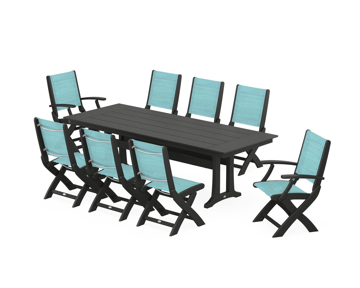 POLYWOOD Coastal 9-Piece Folding Dining Chair Farmhouse Dining Set with Trestle Legs in Black / Dupioni Aquamarine