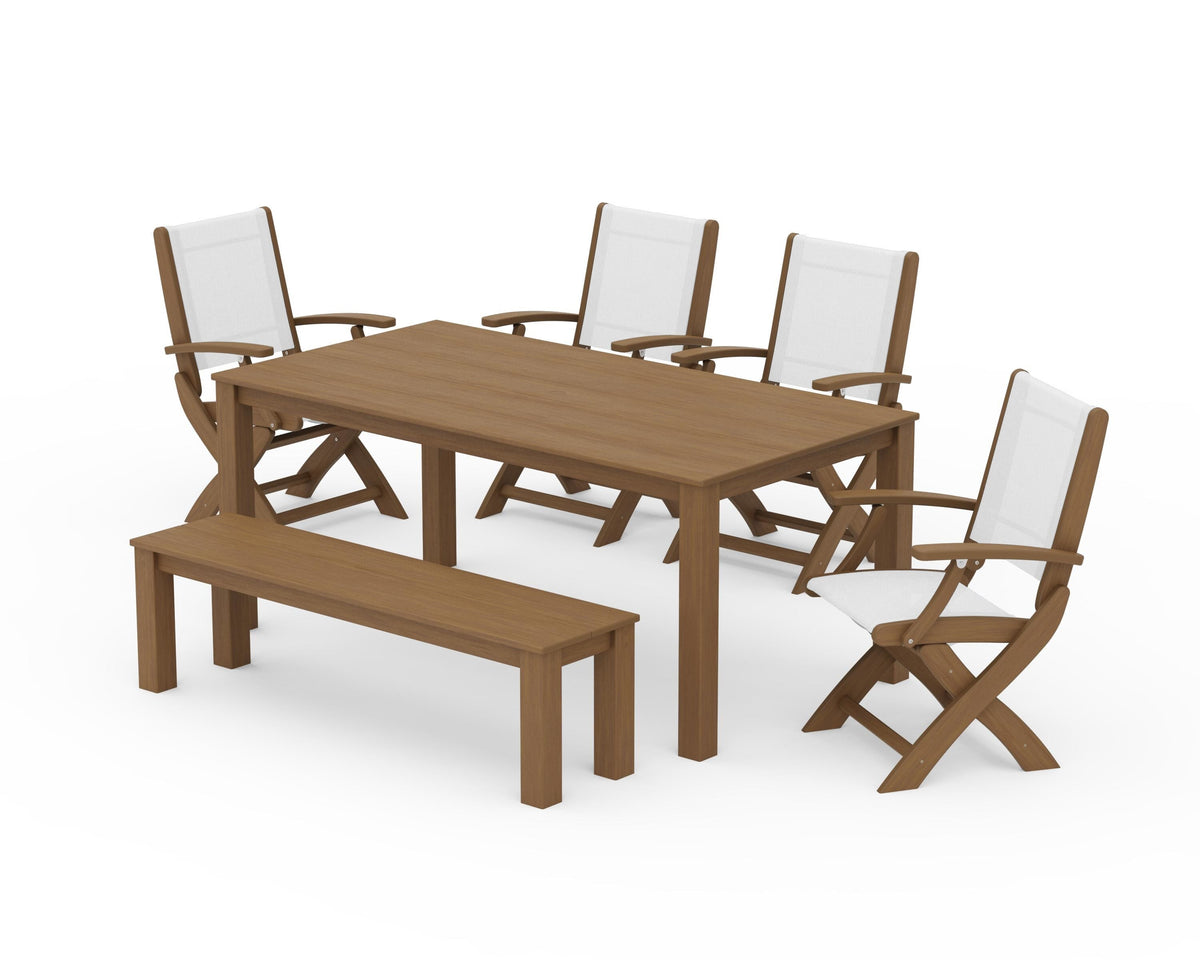 POLYWOOD Coastal Folding Chair 6-Piece Parsons Dining Set with Bench in Natural / White