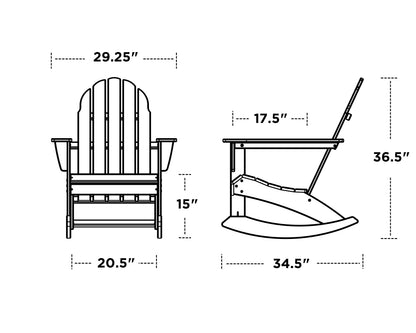 POLYWOOD Vineyard Adirondack Rocking Chair dimension drawing with front and side measurements