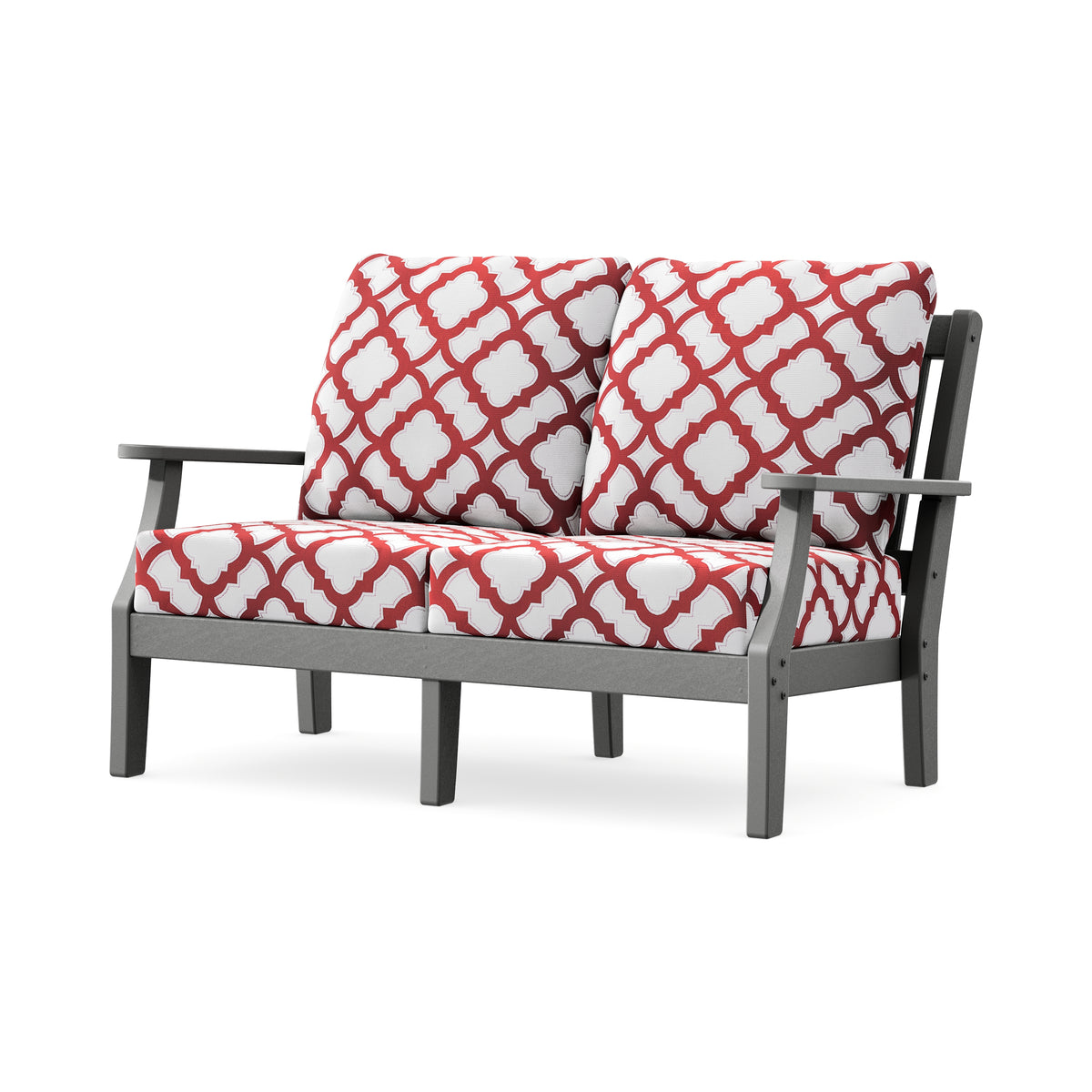 POLYWOOD Chinoiserie Deep Seating Loveseat in Slate Grey / Trellis Crimson