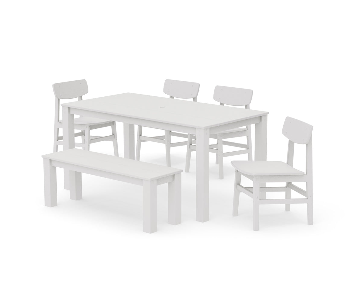 POLYWOOD Modern Studio Urban Chair 6-Piece Parsons Dining Set with Bench in Vintage White