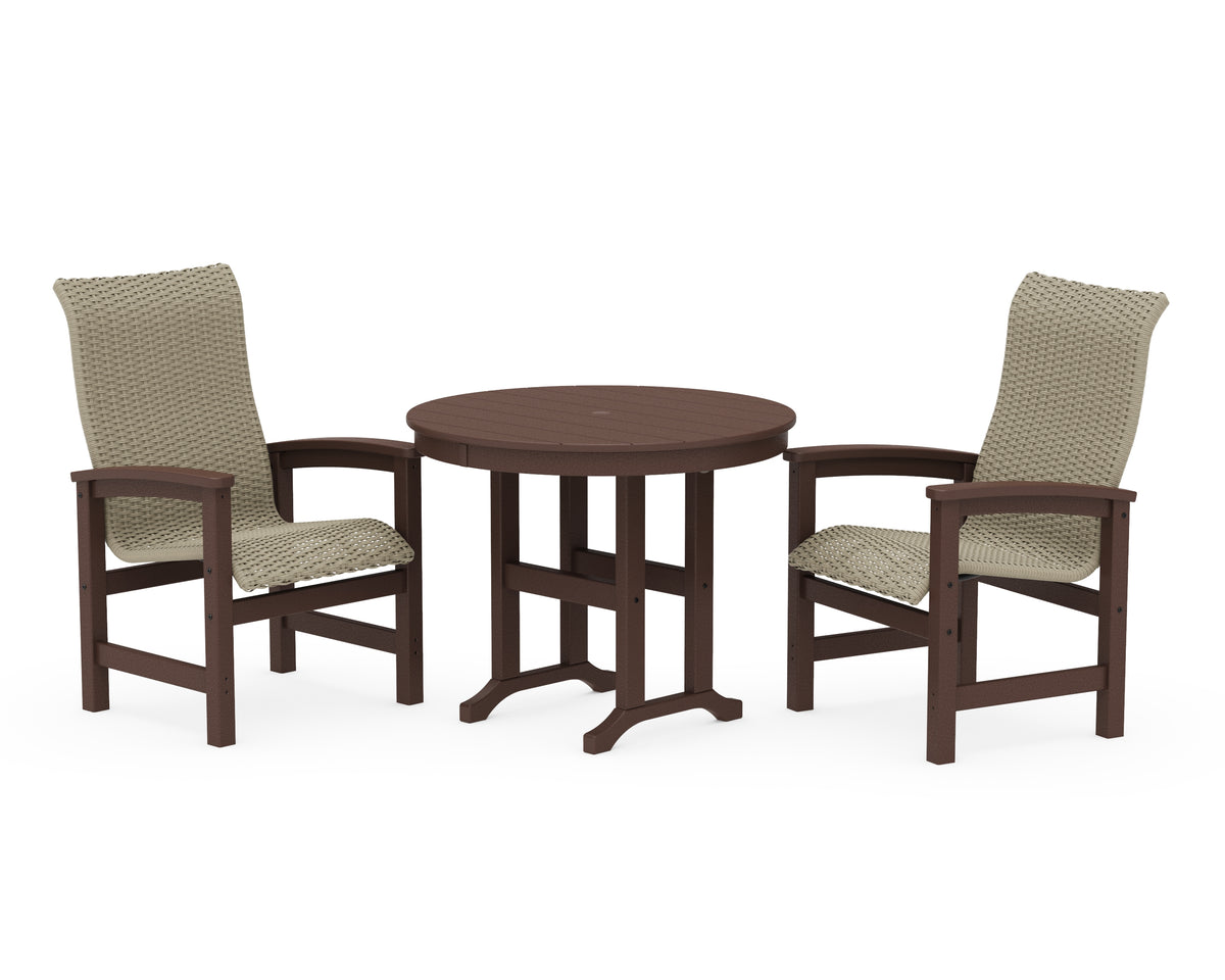 POLYWOOD Coastal Woven High-Back 3-Piece Farmhouse Dining Set in Mahogany / Dune Grass