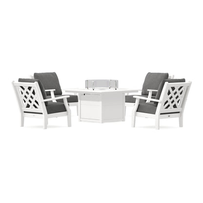 POLYWOOD Country Living Wovendale 5-Piece Deep Seating Set with Fire Pit Table in Vintage White