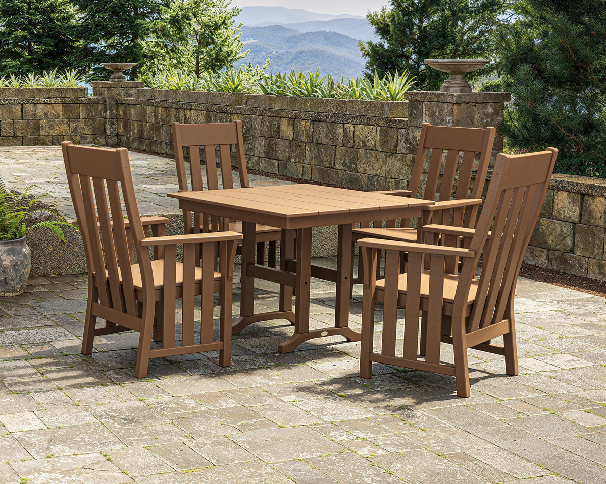 Lifestyle photo of the POLYWOOD Acadia 5-Piece Farmhouse Dining Set in Teak
