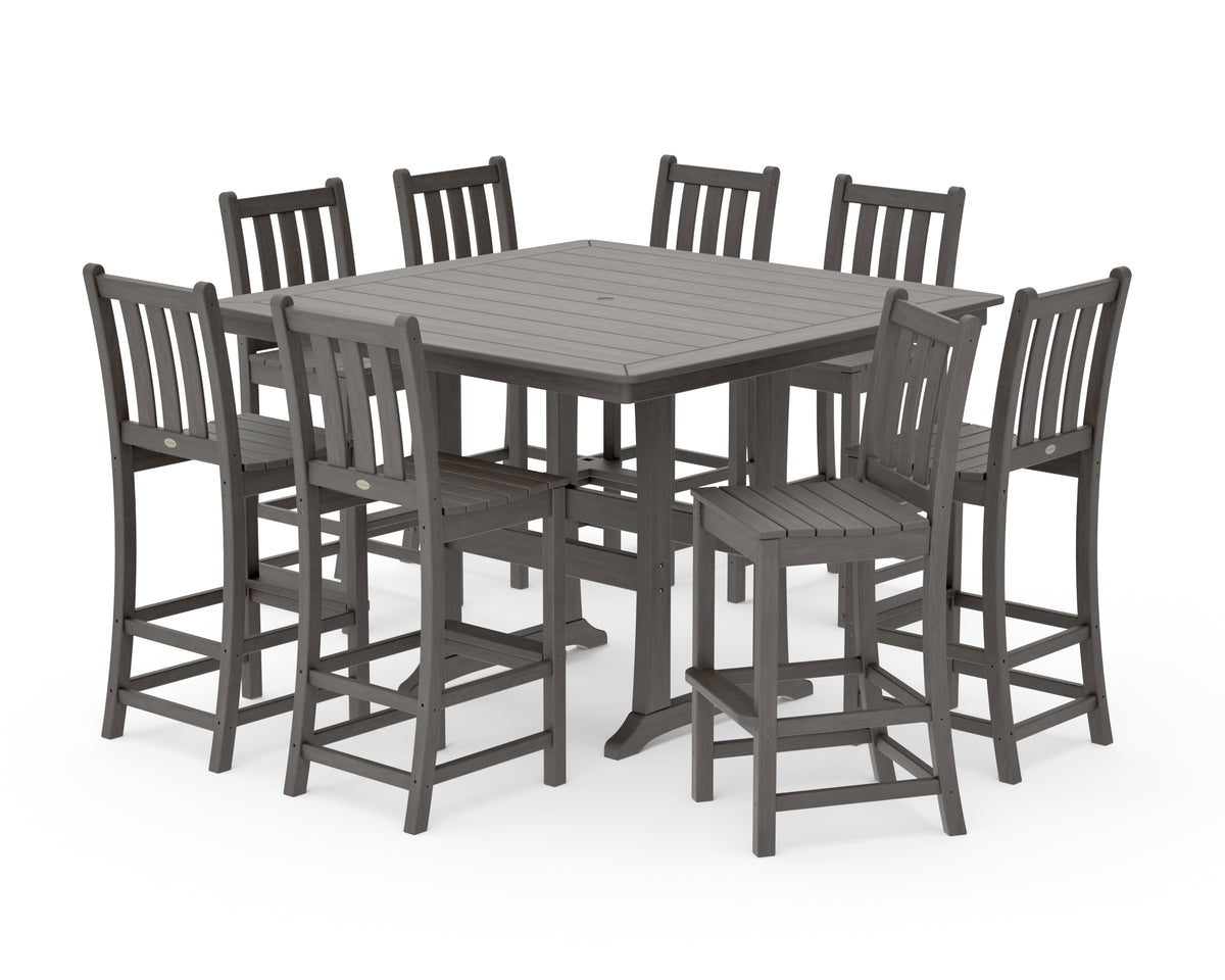 POLYWOOD Traditional Garden 9-Piece Nautical Trestle Bar Set in Driftwood