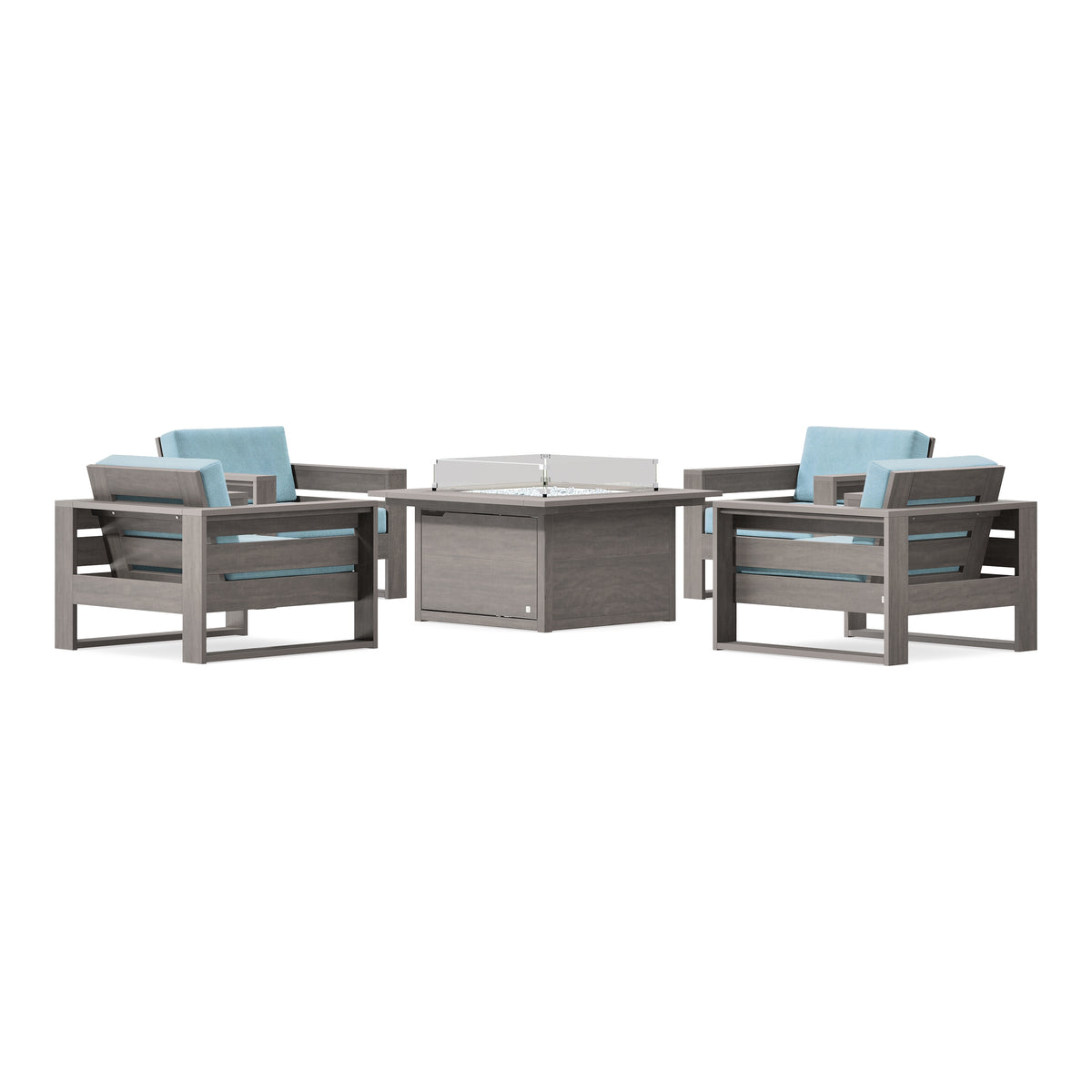 POLYWOOD PW Designer Series Latitude 5-Piece Lounge Fire Table Set in Driftwood / Lattice Sky Blue