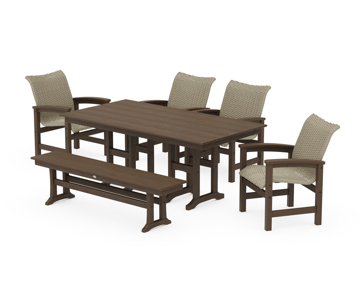 POLYWOOD Coastal Woven 6-Piece Farmhouse Dining Set with Bench with Farmhouse 37" x 72" Dining Table in Kona / Dune Grass