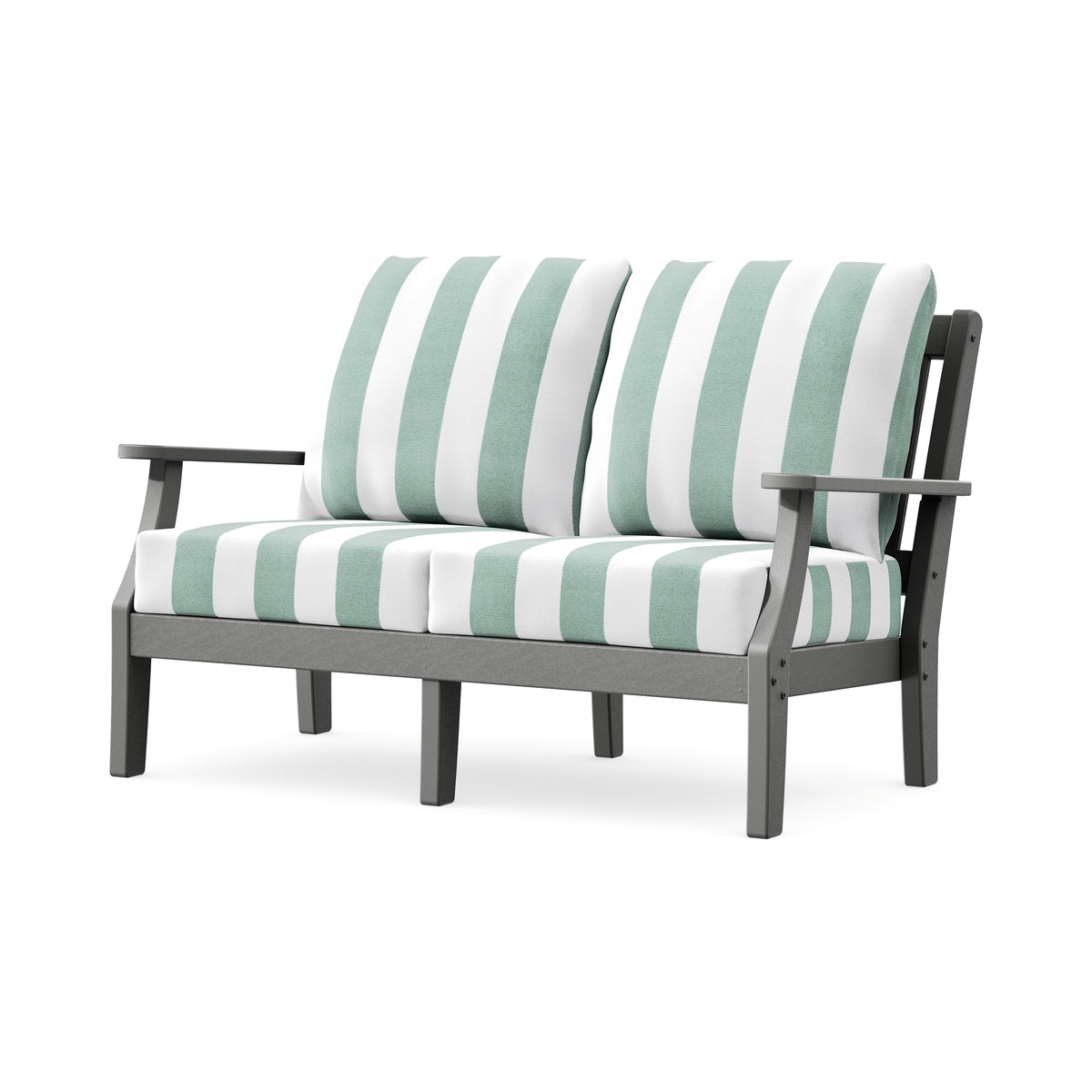 POLYWOOD Chinoiserie Deep Seating Loveseat in Slate Grey / Cabana Stripe Glacier Spa