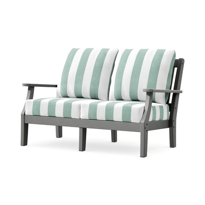 POLYWOOD Chinoiserie Deep Seating Loveseat in Slate Grey / Cabana Stripe Glacier Spa