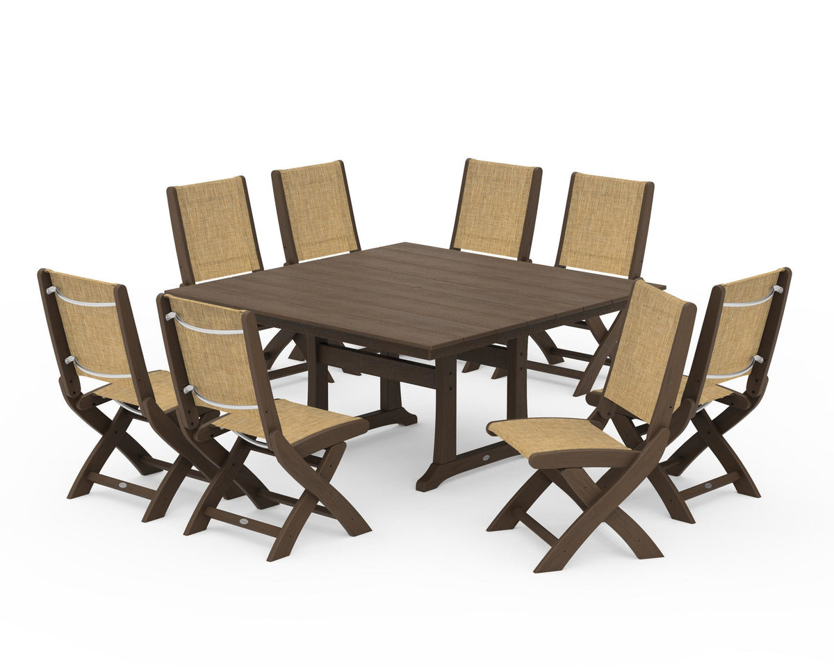 POLYWOOD Coastal Folding Side Chair 9-Piece Farmhouse Dining Set in Kona / Burlap