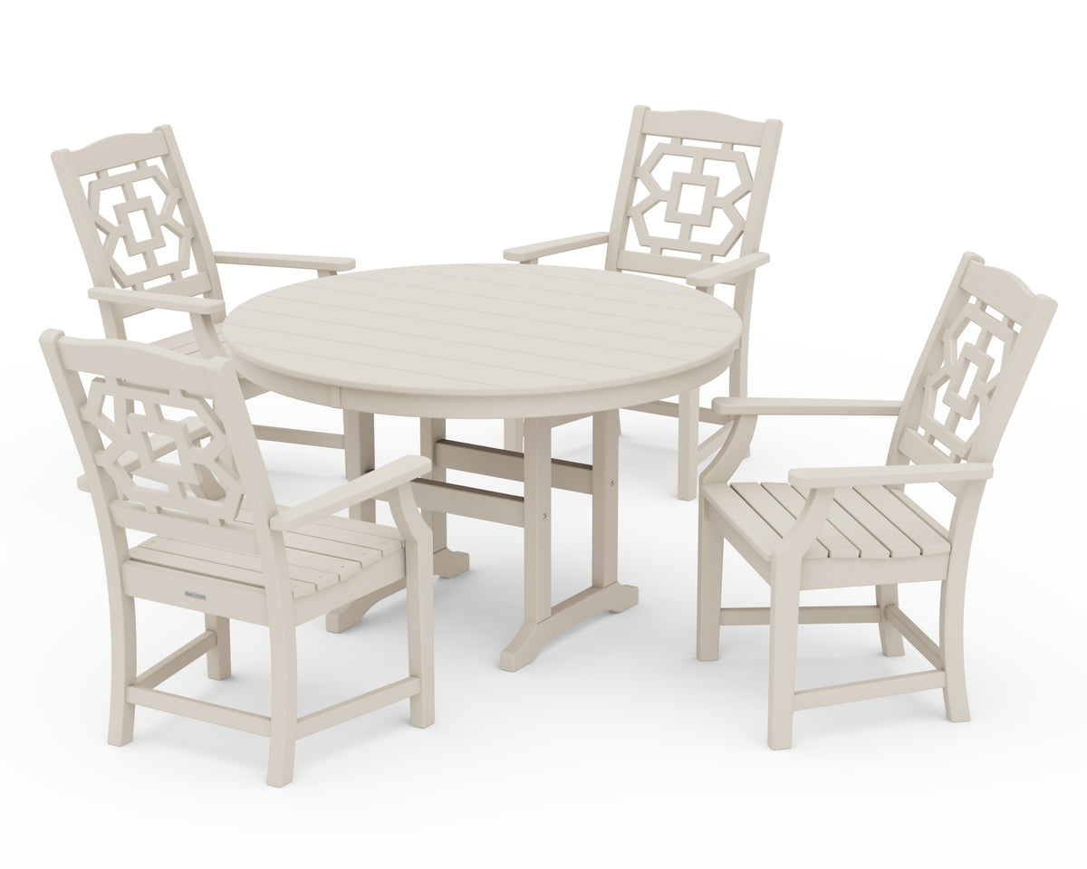 POLYWOOD Chinoiserie 5-Piece Round Farmhouse Dining Set in Sand