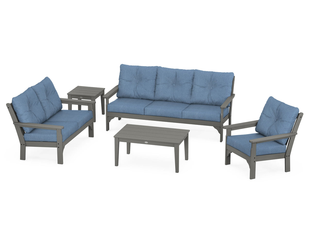POLYWOOD Vineyard 5-Piece Deep Seating Set with Sofa in Slate Grey / Sky Blue