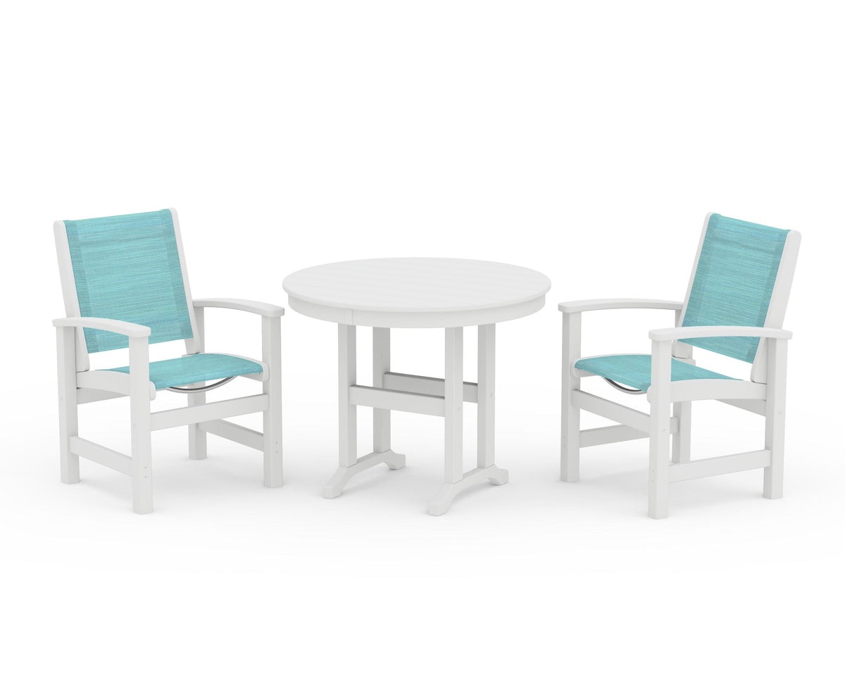 POLYWOOD Coastal 3-Piece Round Dining Set in White / Dupioni Aquamarine