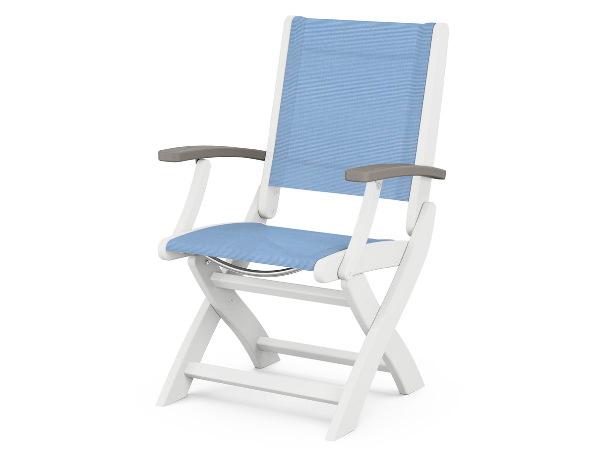 POLYWOOD Coastal Folding Chair in White with Driftwood arms and Poolside sling