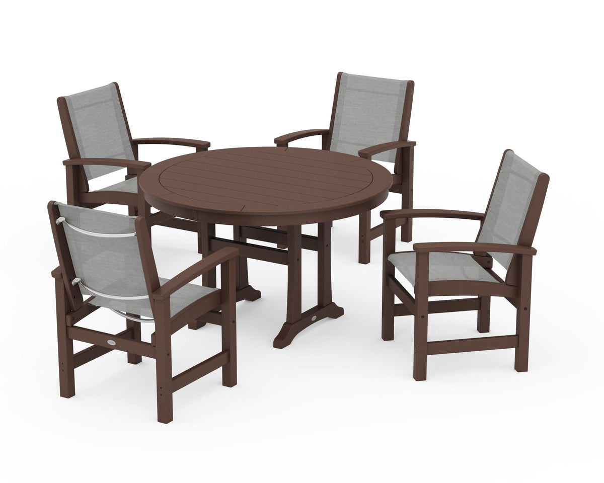 POLYWOOD Coastal 5-Piece Round Dining Set with Trestle Legs in Mahogany / Metallic