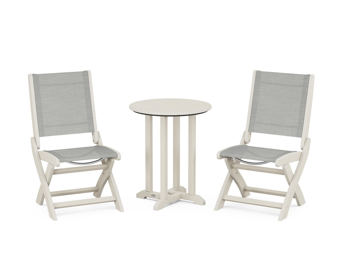 POLYWOOD Coastal Folding Side Chair 3-Piece Round Bistro Dining Set in Sand / Metallic
