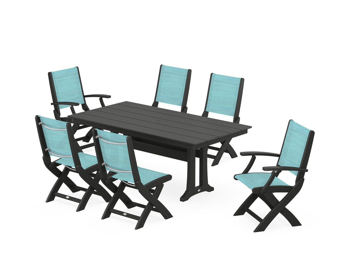 POLYWOOD Coastal Folding Chair 7-Piece Farmhouse Dining Set with Trestle Legs in Black / Dupioni Aquamarine