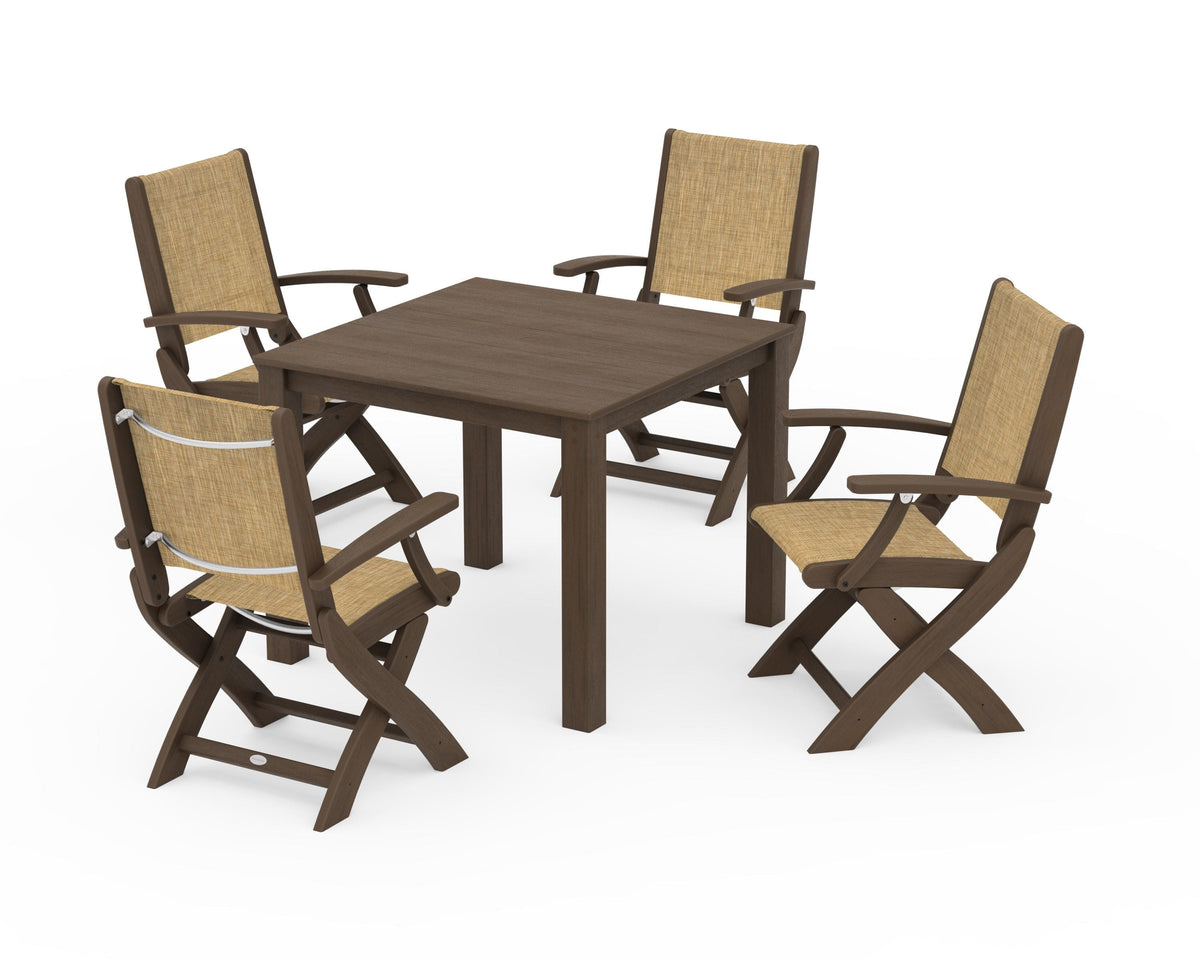 POLYWOOD Coastal Folding Chair 5-Piece Parsons Dining Set in Kona / Burlap