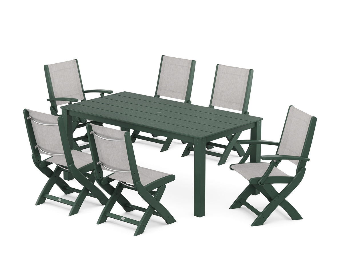POLYWOOD Coastal Folding Chair 7-Piece Parsons Dining Set with Coastal Folding Side Chair in Green / Parchment