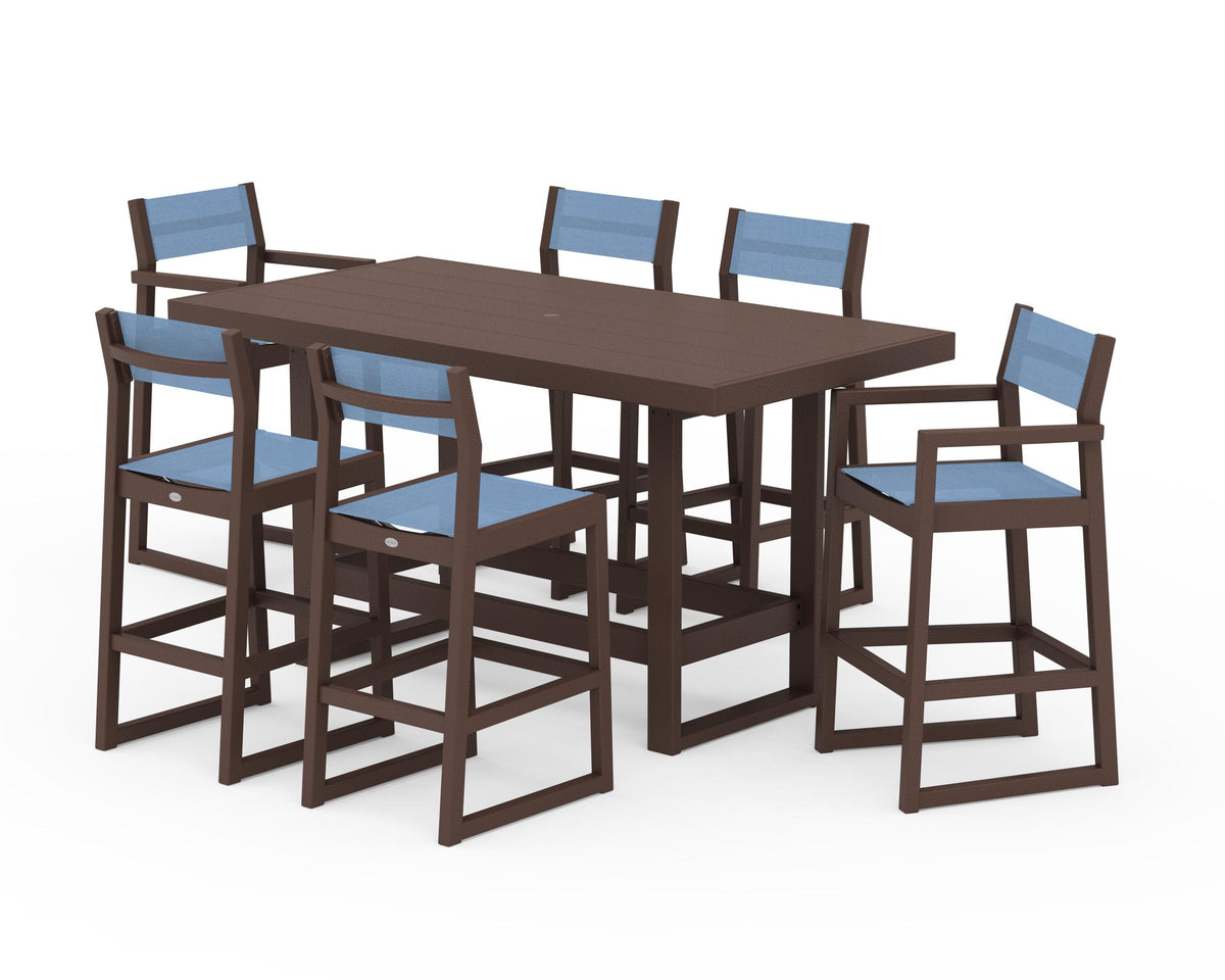 POLYWOOD EDGE Sling 7-Piece Bar Table Set in Mahogany / Poolside