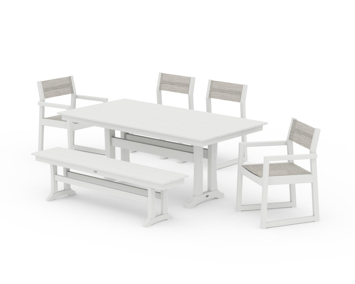 POLYWOOD EDGE Sling 6-Piece Farmhouse Dining Set With Trestle Legs in Vintage White / Birch