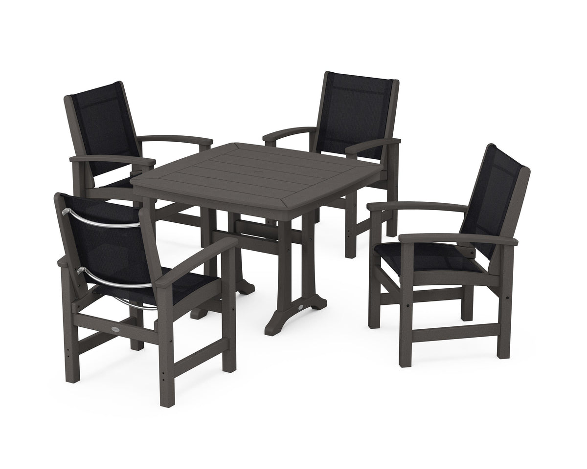 POLYWOOD Coastal 5-Piece Dining Set with Trestle Legs with Nautical Trestle 37" Dining Table in Vintage Coffee / Black