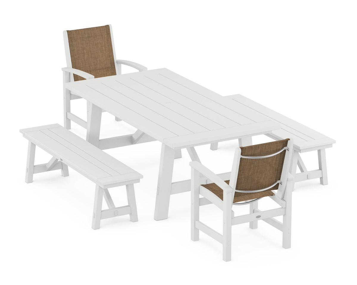 POLYWOOD Coastal 5-Piece Rustic Farmhouse Dining Set With Benches in White / Burlap