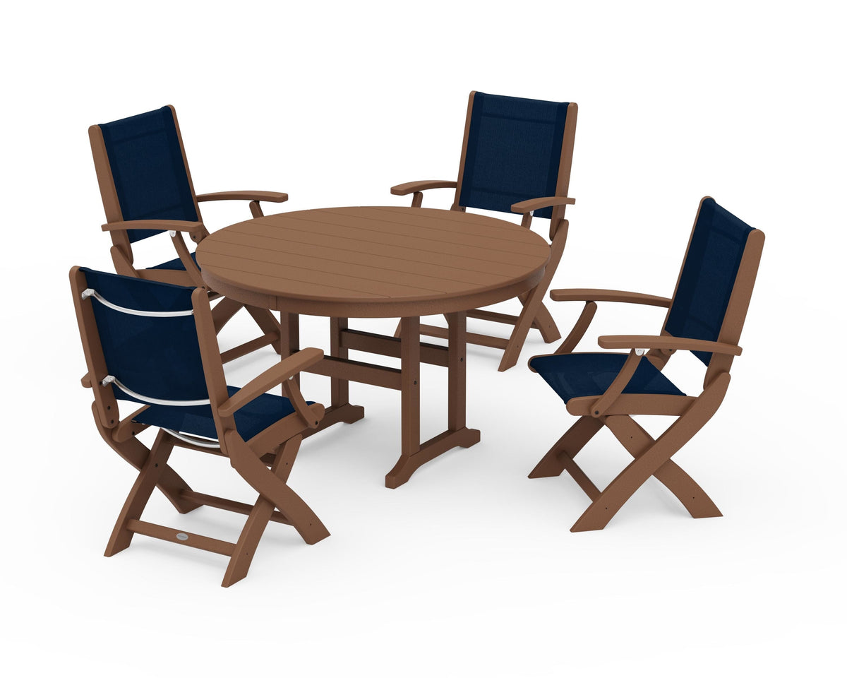 POLYWOOD Coastal Folding Chair 5-Piece Round Dining Set in Teak / Navy Blue