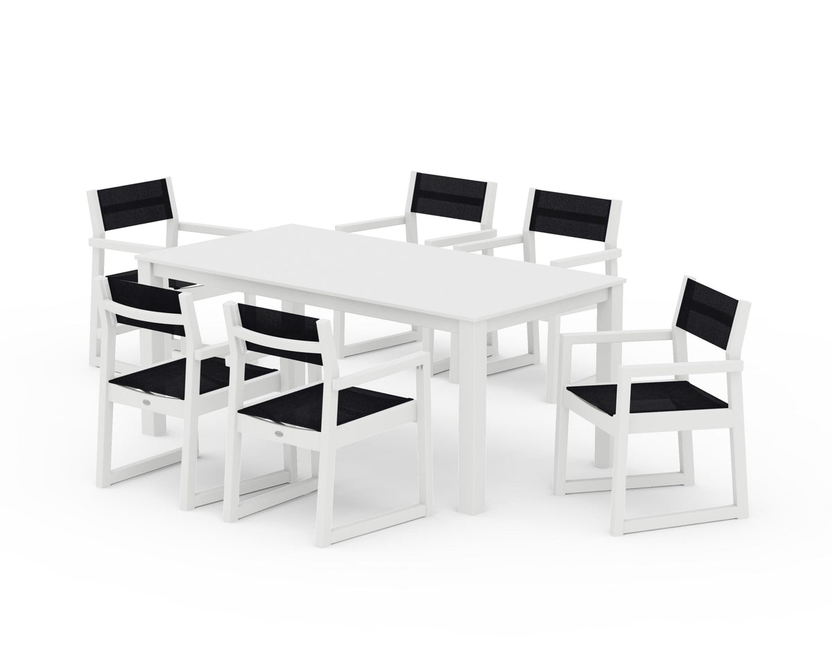 POLYWOOD EDGE Sling Arm Chair 7-Piece Parsons Dining Set in White / Black