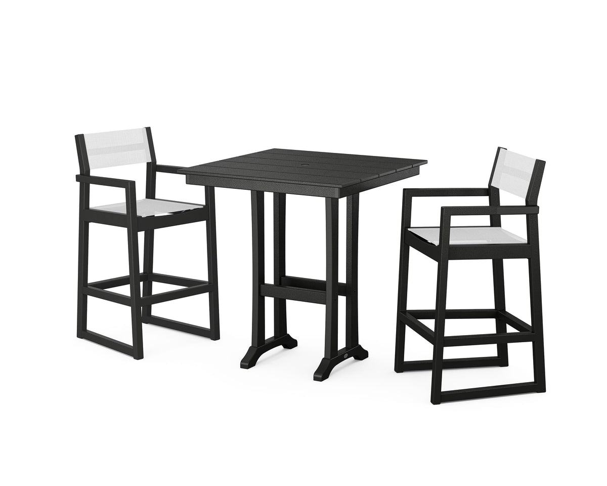 POLYWOOD EDGE Sling Arm Chair 3-Piece Farmhouse Bar Set with Trestle Legs in Black / White