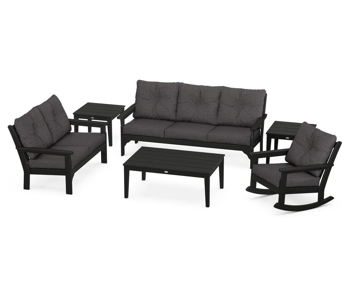 POLYWOOD Vineyard 6-Piece Deep Seating Set with Rocking Chair in Black / Ash Charcoal