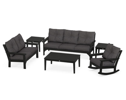 POLYWOOD Vineyard 6-Piece Deep Seating Set with Rocking Chair in Black / Ash Charcoal